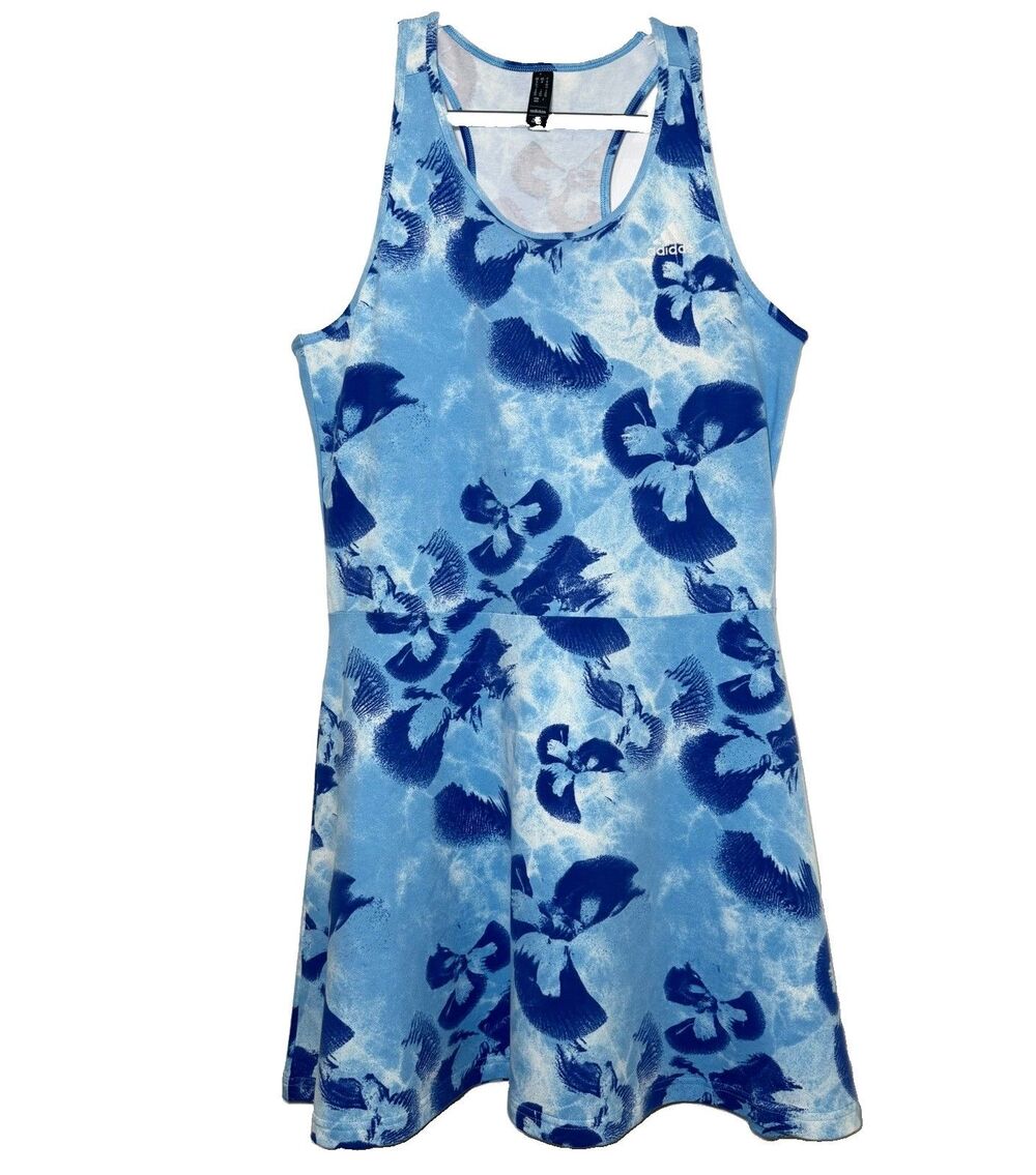 Adidas Women’s Medium Blue Floral Racerback Fit & Flare Athletic Dress Cotton